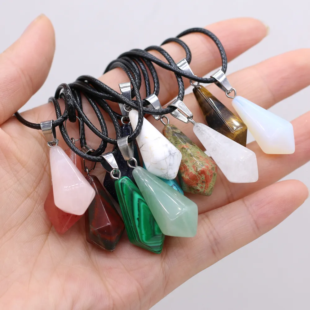 Natuursteen Tiger Eye Stone Turquoise Opal Quartz Crystal Hanger Kettingen Voor Vrouwen Reiki Heal Crystal Pendulum Charms Lederen Touw Ketting