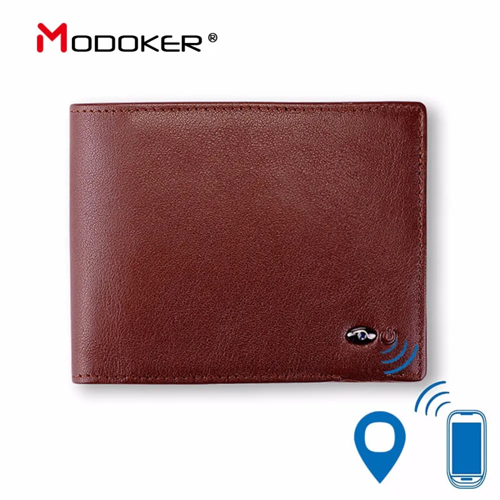 MODOKER مكافحة سرقة الرجال الذكية تصنيع جلد طبيعي بلوتوث محفظة حاملي بطاقة محافظ