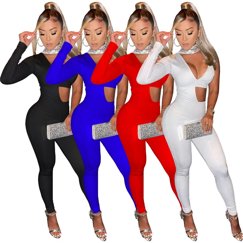 Wholesale long sleeve rompers Womens jumpsuits overalls one piece pants sexy skinny playsuit fashion solid jump suit women clothes klw7213