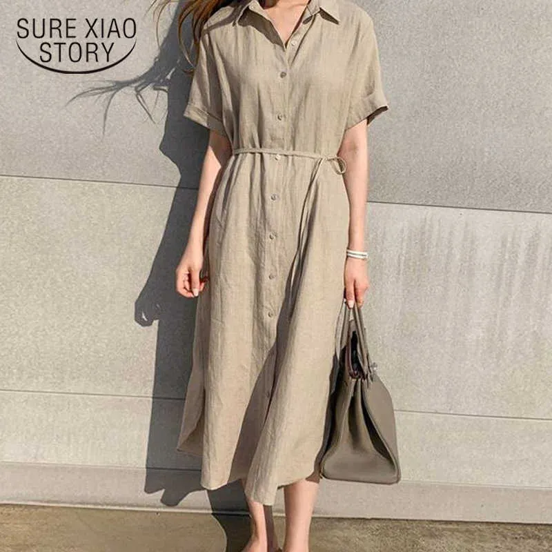 Simple Casual Loose Lapel Women Shirt Dress Spring Summer Single-Breasted Lace-Up Short Sleeve Female Dress Robe Femme 9948 210527