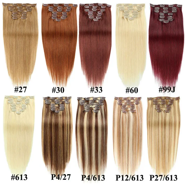 Cabeça cheia grossa 70g 100g Conjunto de grampo reto em extensões de cabelo humano Barato Remy extensões de cabelo peruano Clip Ins 20 cores disponíveis