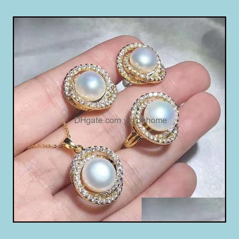 8-9mm White Natural Pearl Pendant Necklaces Bracelets Stud earrings Set Women`s Gift Bridal Jewelry