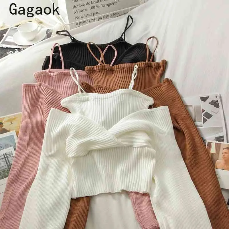 Gagaok Gefälschte Zwei Pullover Frauen Frühling Herbst V-ausschnitt Volle Sexy Gestrickte Pullover Koreanische Kurze Chic Wilde Mode Pullover 210805