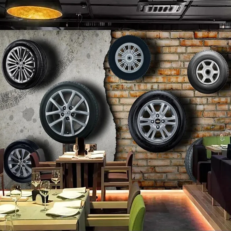 Personalizado Qualquer tamanho Mural Wallpaper 3d Estéreo Retro Nostálgico Carro Pneu Tijolo Parede Restaurante Bar Sala de estar TV Fundo de fundo