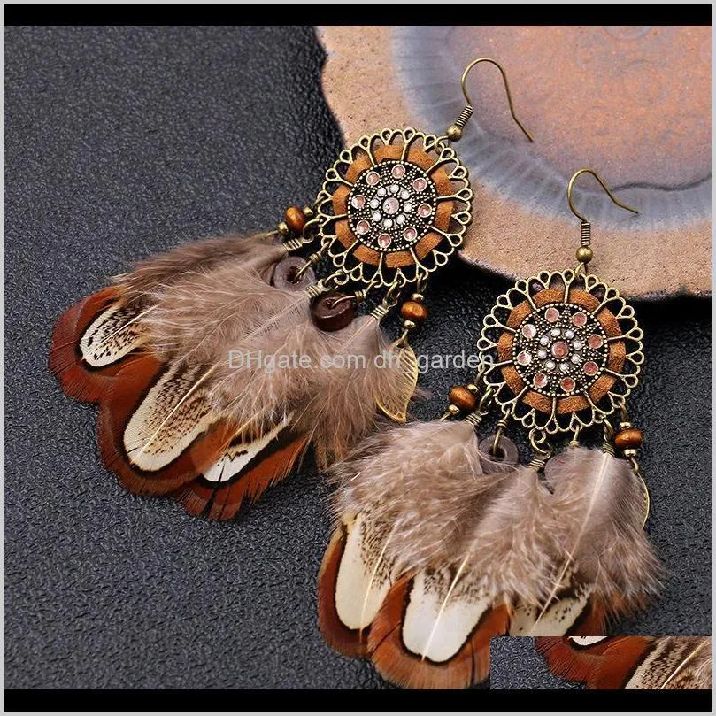 European and American new feather pendant earrings fashion round hollow woven retro earrings bohemian creative jewelry