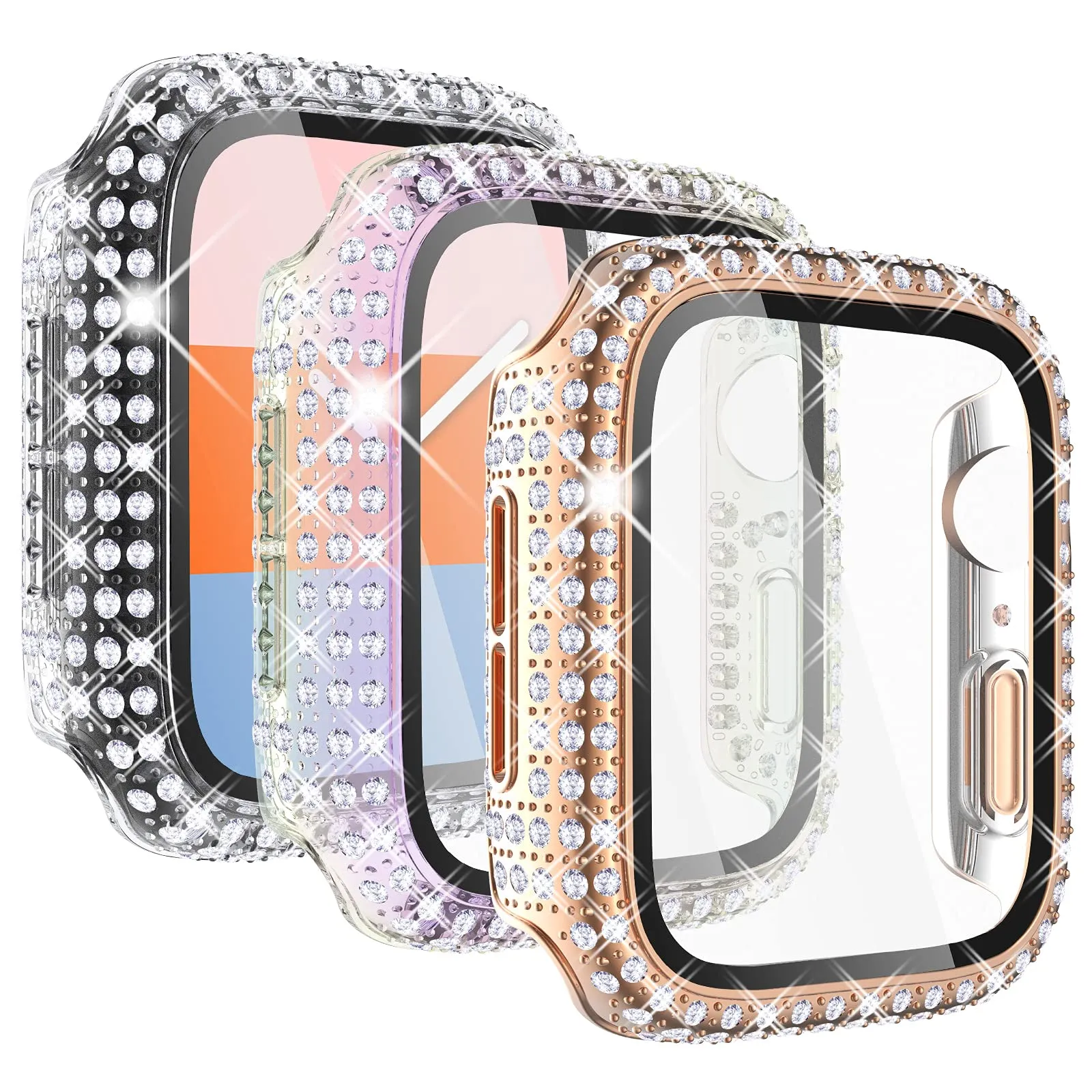 Fundas de PC con película de vidrio y diamantes para Apple Watch, carcasa de 44mm, 40mm, 42mm y 38mm para mujer, iWatch Series 6 SE 5 4 3, Protector de pantalla, parachoques