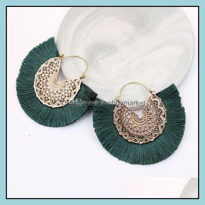 Fashion Hollow Flower Pattern Fan Shaped Tassel Dangle Earrings Handmade Bohemian Earrings Ethnic Jewelry Christmas Gift 8 Colors