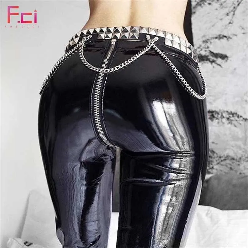 Women Sexy Shiny PU Leather Leggings with Back Zipper Push Up Faux Pants Latex Rubber Jeggings Black Red 211204