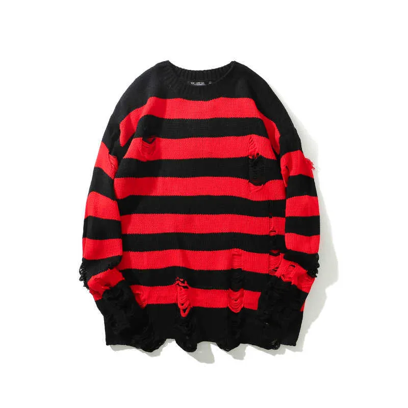 2021 noir rouge rayé pulls lavé détruit déchiré pull hommes trou tricot pulls hommes femmes surdimensionné pull Harajuku Y0907