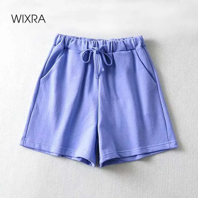 Wixra Summer Solid 100 % 코튼 반바지 Womens Drawstring 느슨한 포켓 하이 허리 캐주얼 스트리트 봄 210616