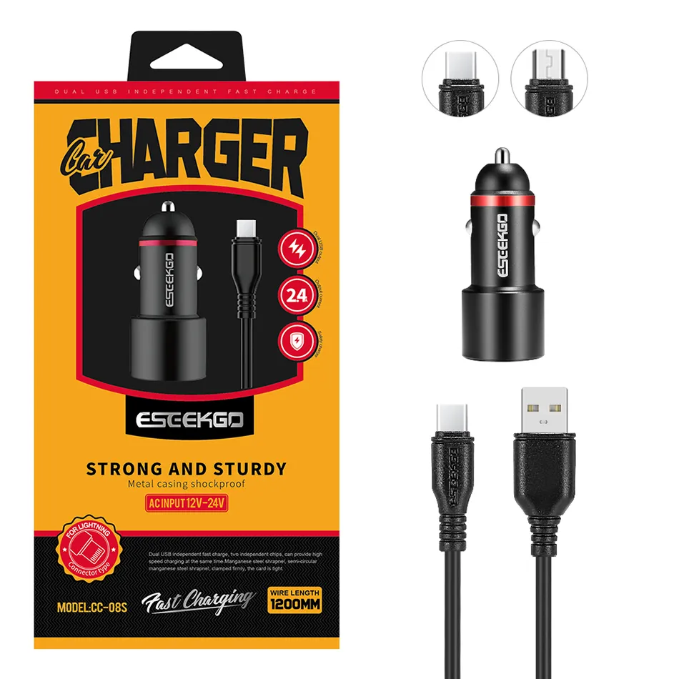 Eseekgo Dual USB kit de chargeur de voiture rapide 2U 5V / 2.4A Adaptateur de chargeur de voyage portable avec câble de 1,2 m Lumière LED Pour tablette de téléphone portable dans la boîte