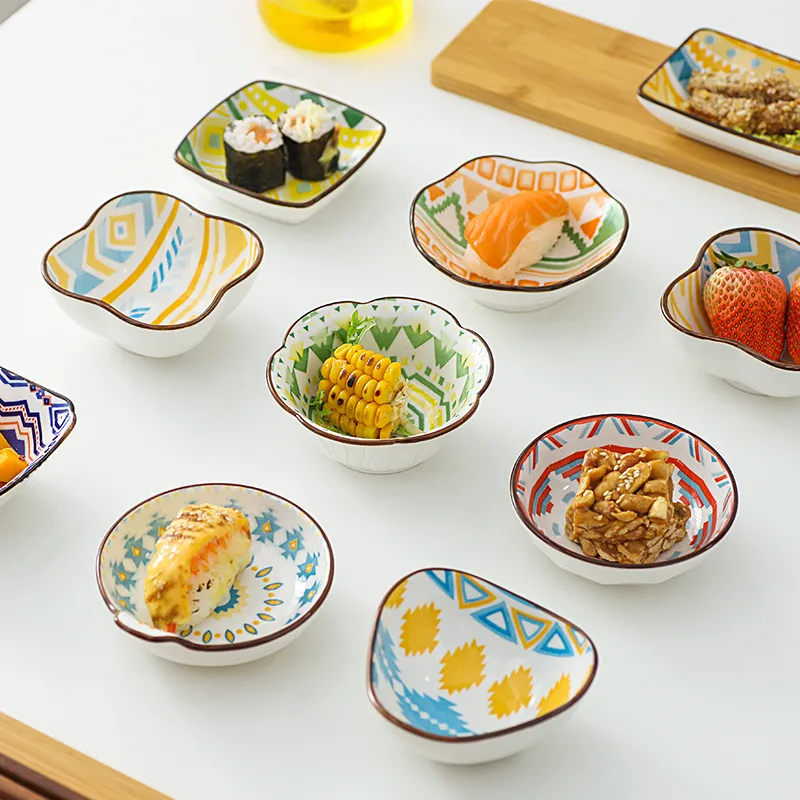 6 pcs/set Ceramic Sauce Dish Colored Glazed Japanese Sushi Cold Dishes Cold Noodles Soy Sauce Seasoning Plate Small Vinegar