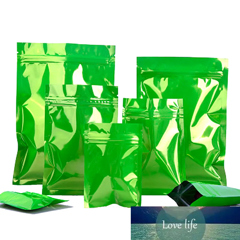 Sac en aluminium Mylar vert brillant, 100 pièces/lot, fermeture éclair, encoche plate, refermable, sachets d'emballage de stockage de grains de café et de collations