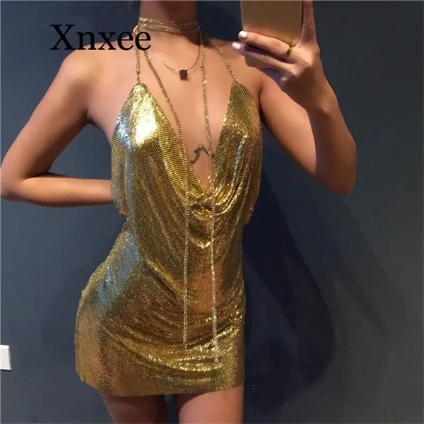 Sequined 2020 Bar Dancing Cheerleading Sexig Halter Metal Party Dresses Guld Silver Sommarklänning Vesitos Backless Sequins Dress Y0118