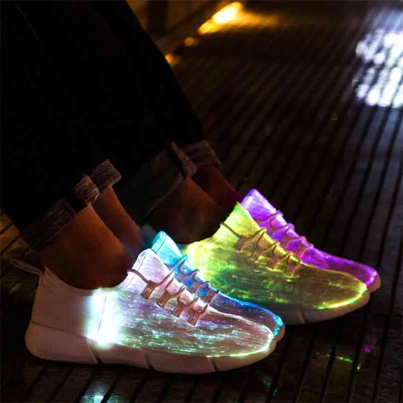 Size25- Fiber Optic Fabric Light Up Shoes 11 Colors Flashing Teenager Girls&Boys USB Rechargeable Luminous Sneakers with 210913