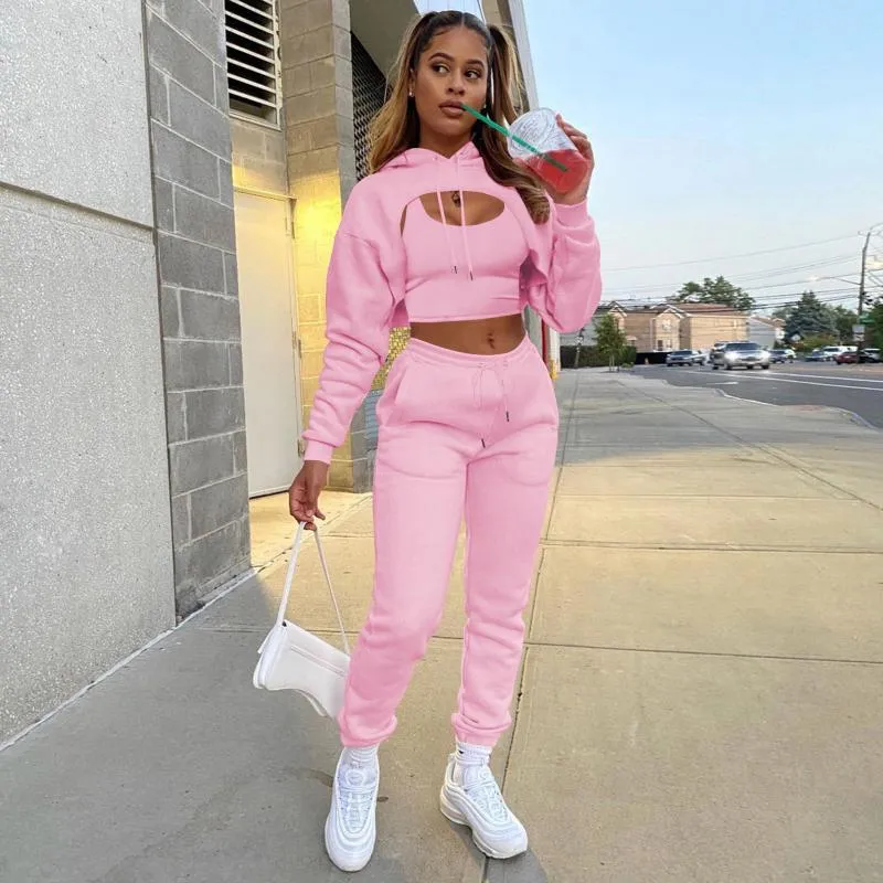 Calças de duas peças das mulheres Streetwear Três 3 sets Mulheres Outfit Queda de Manga Longa Com Capuz Tumps Skinny Ternos De Veludo Rosa Correspondência