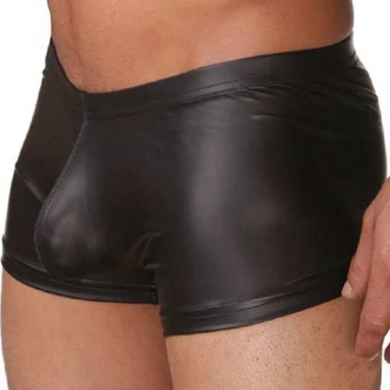 Slip Sexy hommes boxeurs sous-vêtement ouvert entrejambe Faux cuir slips Shorts sous-vêtements mâle doux noir maillots de bain grande taille