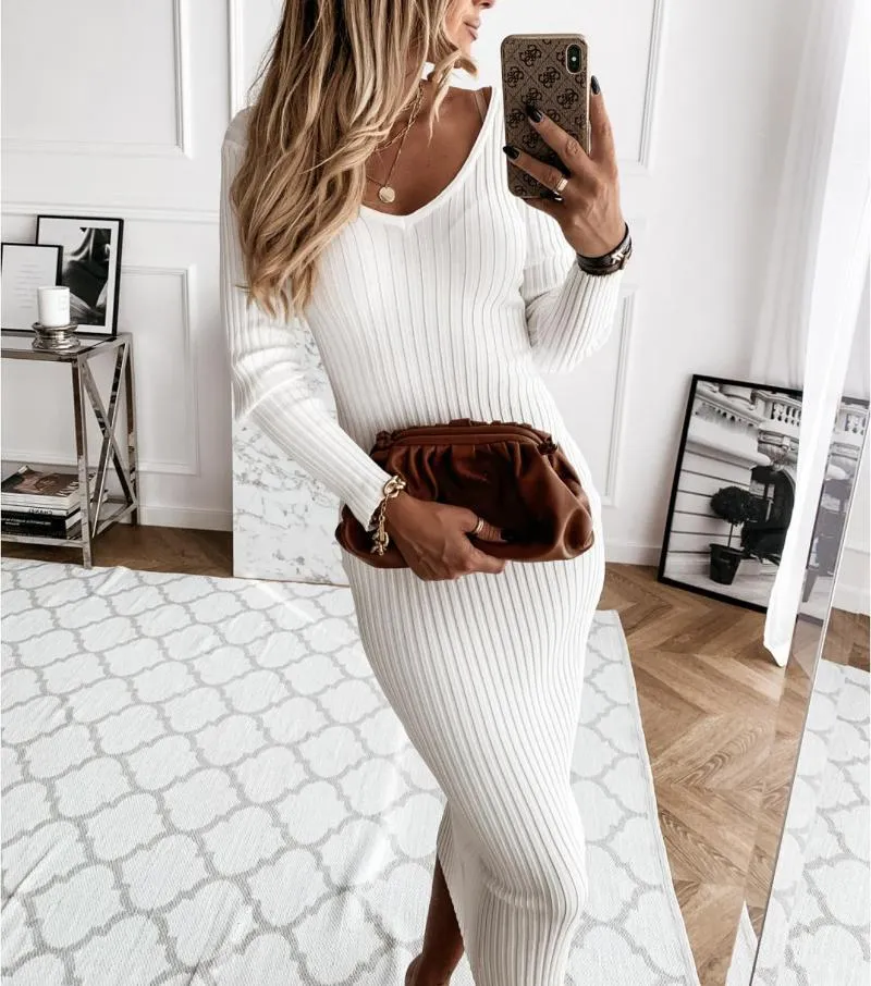 Casual Dresses Mode Strickpullover Kleid Frauen Sexy V-Ausschnitt Slim Maxi Langarm Bodycon Rippen Weiß Schwarz Weibliche Streetwear