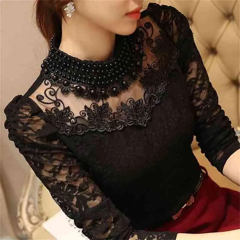 Women Sexy Lace Blouse Slim Plus size 3XL Tops Long Sleeve Casual Shirt Beaded Openwork Feminine 210719