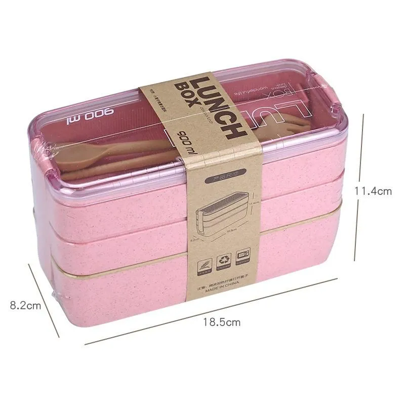 900ml 3 Layers Bento Box Eco-Friendly Lunch Boxes Food Container Wheat Straw Material Microwavable Dinnerware Lunchbox W0246