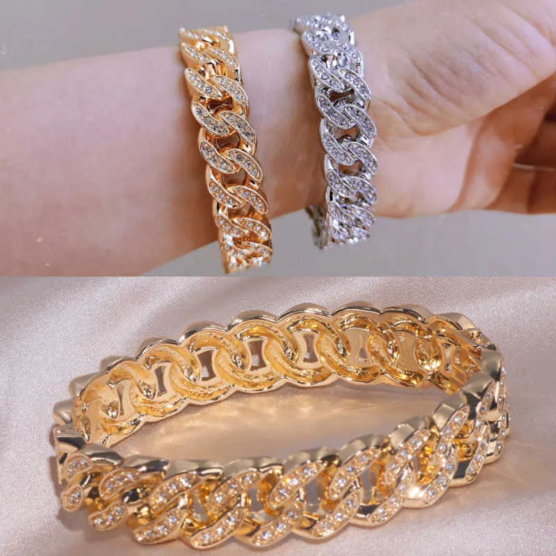 Miami Cuban Bracelet Rhinestone Alloy Link Chain Bracelets Hip Hop Fashion Punk Jewelry Gold Color Charm Bracelets Bangles Q0719