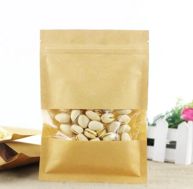 2022 new 100pcs/lot Thick Flat Bottom Kraft Paper Clear Window zip bag Packaging Bag Biscuits Coffee Powder Resealable Gift Storage Bags