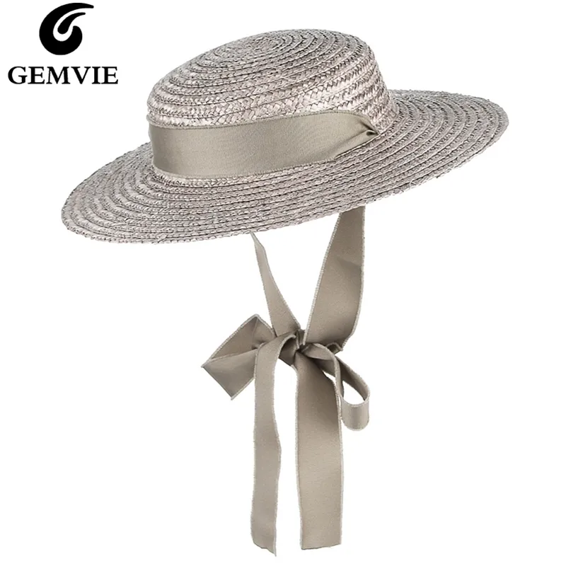Gemvie Brim plate plate paille chapeaux d'￩t￩ pour femmes Boater de plage de ruban Boater ￠ la mode chapeau de soleil avec bracelet de menton 210311