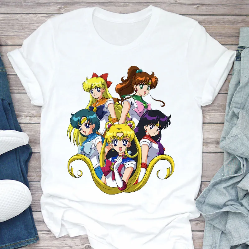 Nieuwe Kawaii Sailor Moon Afdrukken T-shirt Dames Harajuku Korte Mouw Pret Ulzzang T-shirt Leuke Cartoon Vrouwelijke T-shirt Tops Kleding