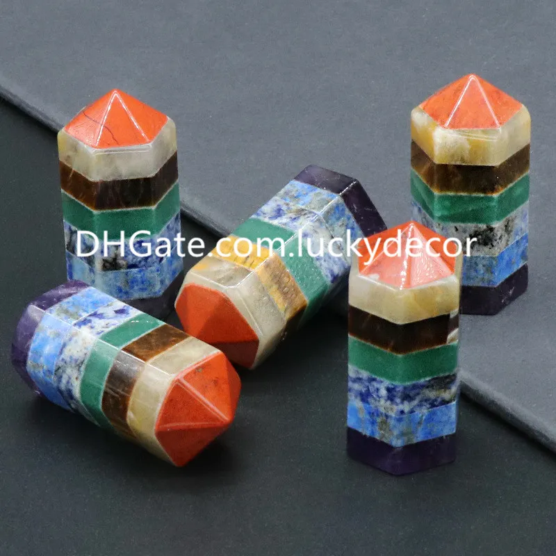 7 Chakra Stones Healing Crystal Wands Obelisk Home Decor 6 Faceted Reiki Medytacja Medytacja Naturalne i Prawdziwe Kryształy Kwarcowy Kryształy Gemstone Tower Point Seven Colors