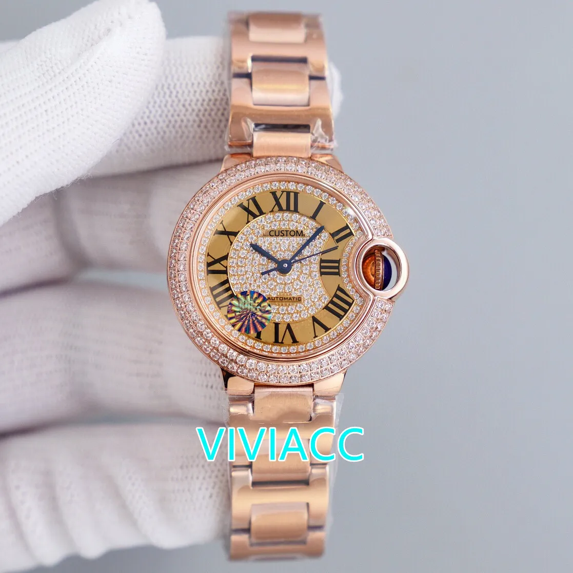 Prachtig Geel Goud Volledige Crystal Diamond Horloges Automatische Mechanische Romeinse Nummer Horloge Roestvrij staal Sapphire Clock 33mm