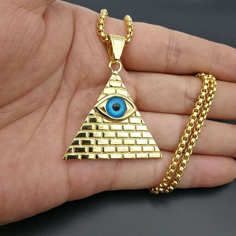 Hip Hop Iced Out Ancient Egypt Pyramid Eye Pendentif Collier Pour Femmes / Hommes Chaîne En Or En Acier Inoxydable Bijoux Égyptiens