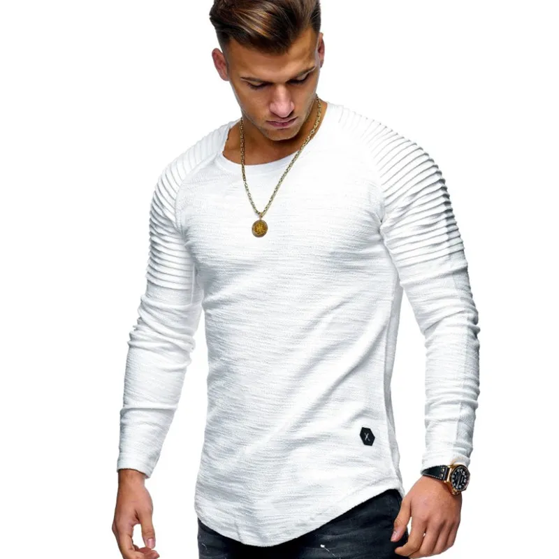 2021 cor sólida plissada remendo detalhe manga longa t-shirt homens primavera tops casuais pullovers moda fino básico