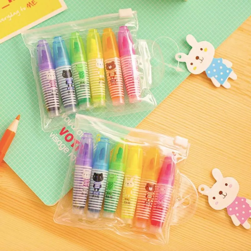 Highlighters 6colors/ Pack Highlighter Cartoon Cute Creative Candy Colored Pens Highlight Marker Student School Stationery Supplies