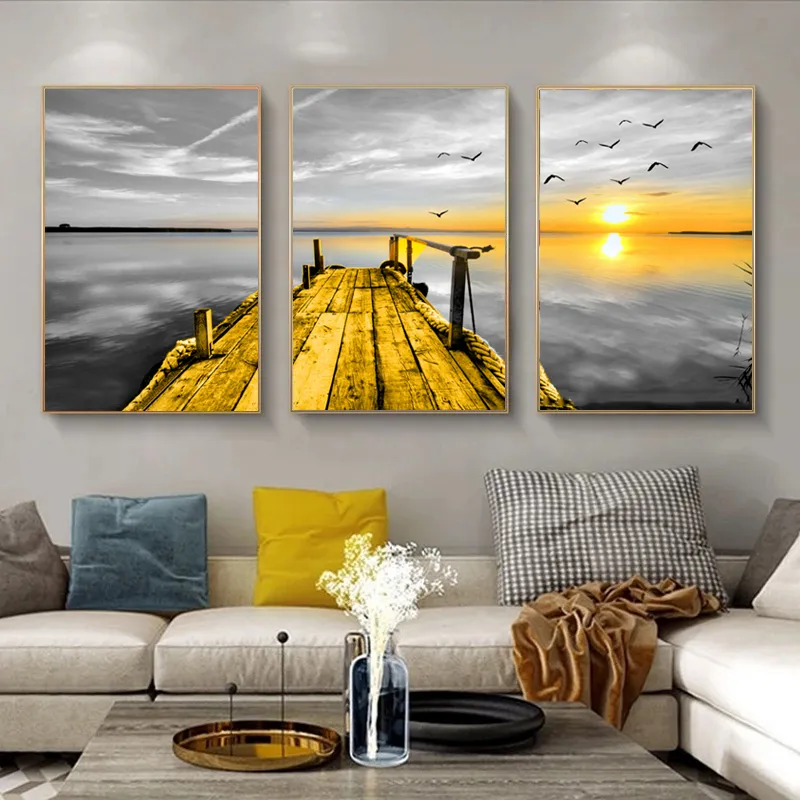 Most plaża plakat na płótnie malarstwo nowoczesny krajobraz ściana sztuka do salonu 3 sztuki zachód słońca ptak kryty dekoracje wystrój domu