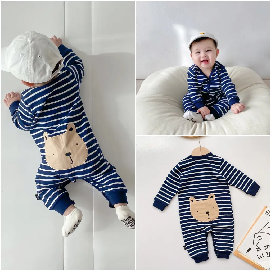 Biños recién nacidos Romper Ins Primavera Baby Beh Boys Birds Stripe Ripe impreso Manio largo Monga Bodysuit Casual Bodysuit Ondersuit S2031