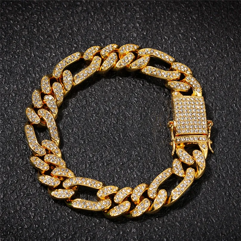 Iced Out Figaro Bransoletka 13mm Bling Miami Cuban Link Pełne Dżetów Hiphop Męskie Bransoletki Hip Hop Biżuteria