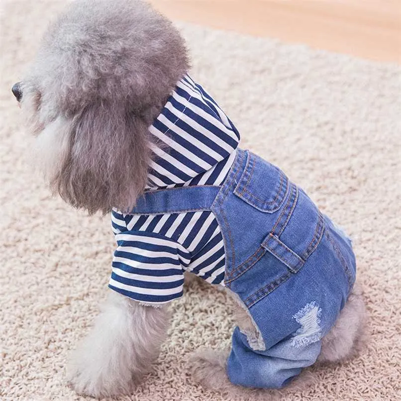 Dog Jeans Stripe Denim Pet Kombinezon Spodnie Dog Odzież Cztery Stóp Dog Odzież Dżinsy Dżinsy Chihuahua Yorkie Puppy Odzież 211013