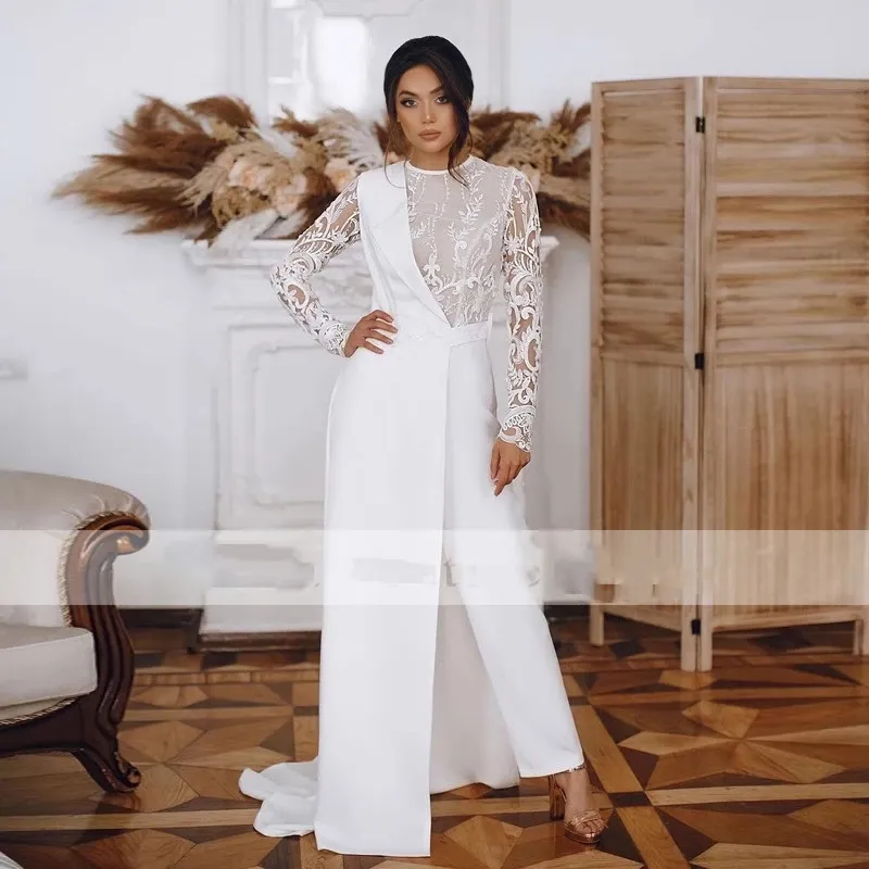 Elegant Full Lace Wedding Dress Jumpsuit with Half Jacket 2022 Modest Jewel Neck Outdoor Boho Bride Gowns Pant Suit Outfit