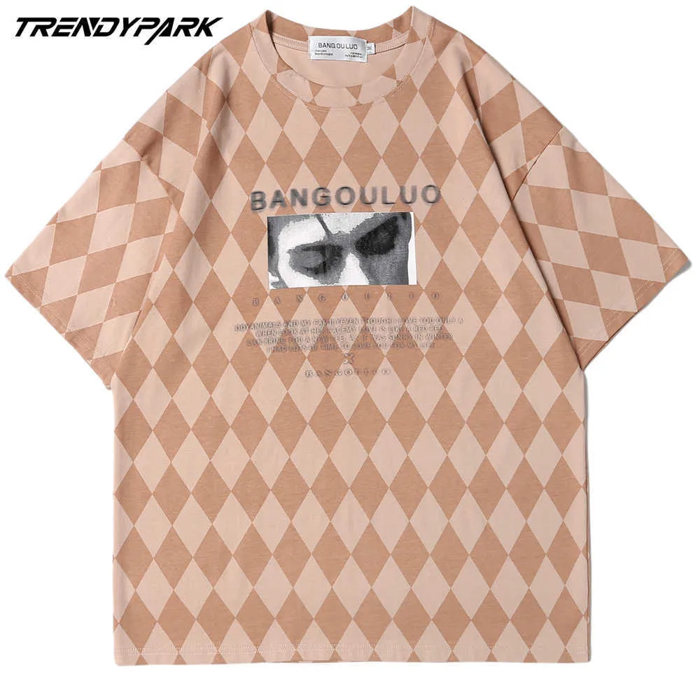 Men's T-shirt Summer Short Sleeve Diamond Argyle Hip Hop Oversize Cotton Casual Harajuku Streetwear Top Tee Clothing 210601