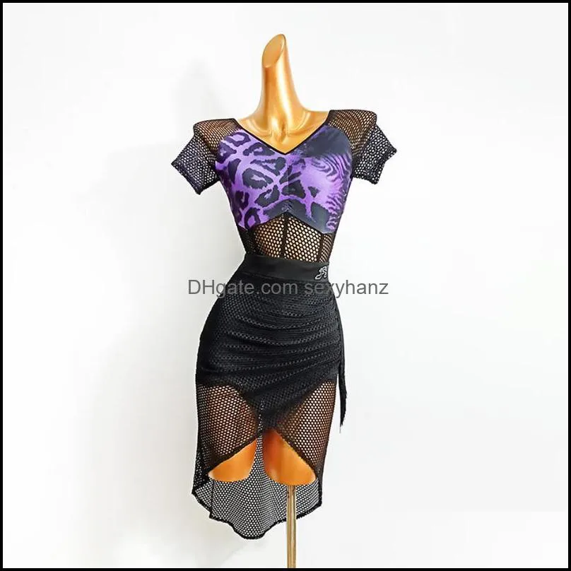 Stage Wear Sexy Latin Dance Dress Women Short Sleeve Hollow Skirt For Ballroom Samba Tango Chacha Dancing Performamnce LW567