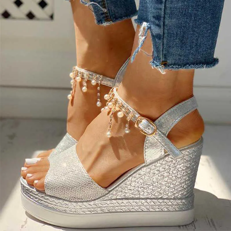 2020 New Women Wedge Sandals Summer Bead Studded Detail Platform Sandals Buckle Strap Peep Toe Thick Bottom Casual Shoes Ladies Y0608