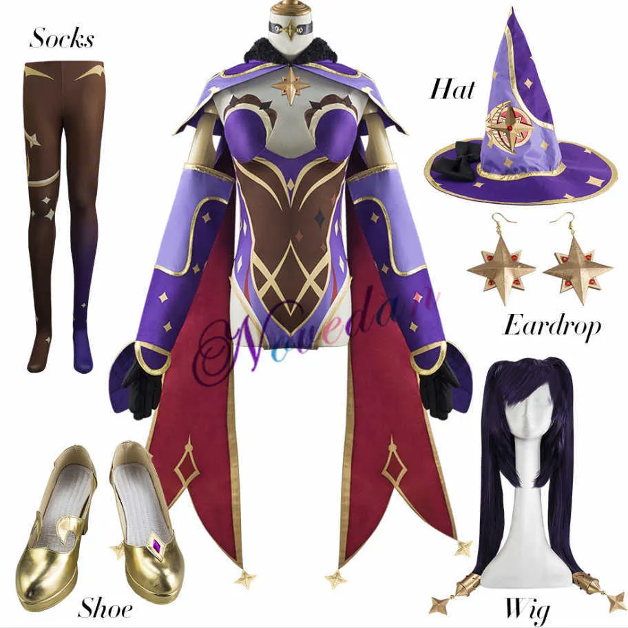 Hot Anime Game Genshin Impact Cosplay Mona Costume Girls Dames Halloween Carnival Party Sexy Dress Uniform Cosplay Wig Outfit Y0903