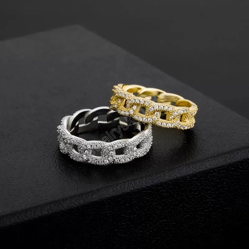 HIP HOP CUBAN LINK RING 925 Sterling Zilveren Ringen Cubic Zircons Mode Mannen Vinger Ringen 6-10 Size Gepersonaliseerde Sieraden