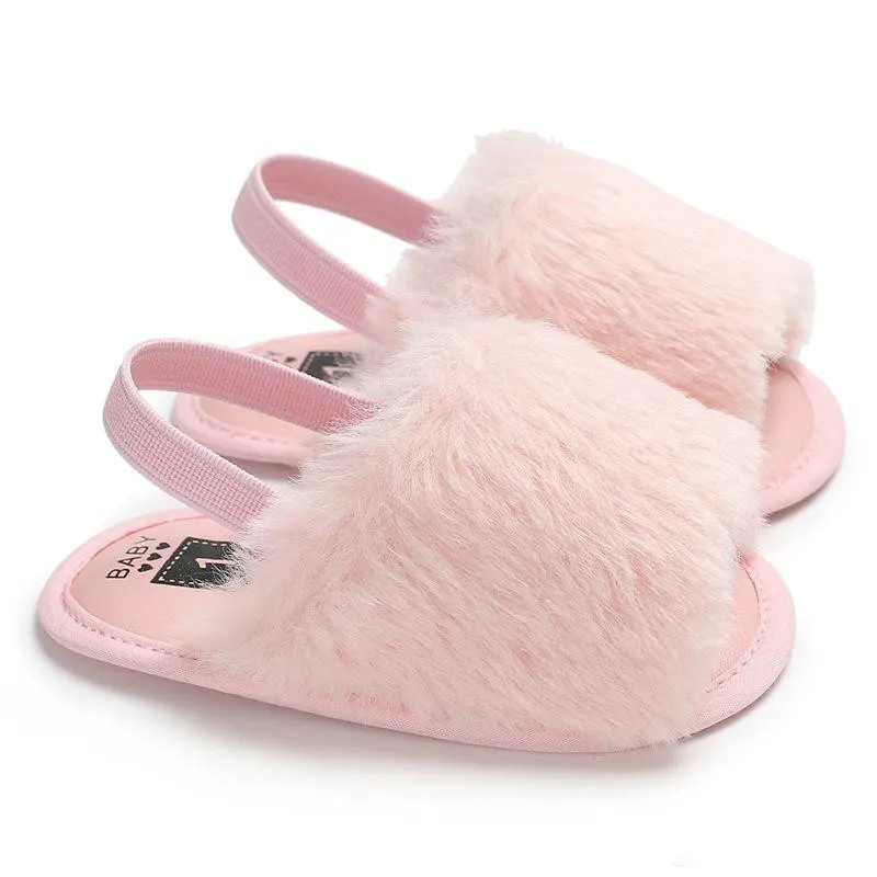 Baby Fur Sandals Baby Slippers Fashion Soft Leather Elastic Band Silicone Antiskid Shoe Kids Top Quality Solid Summer Shaggy Shoes