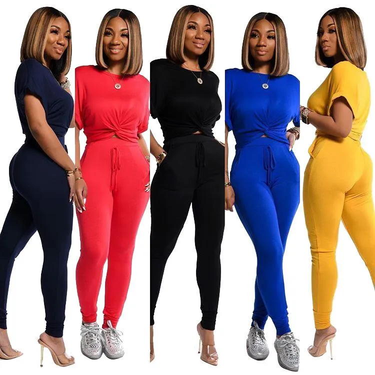Women's Tracksuits Summer Women Street Two Piece Set Top And Solid O-neck Full Length Pants Tracksuit Sweatsuit Outfits