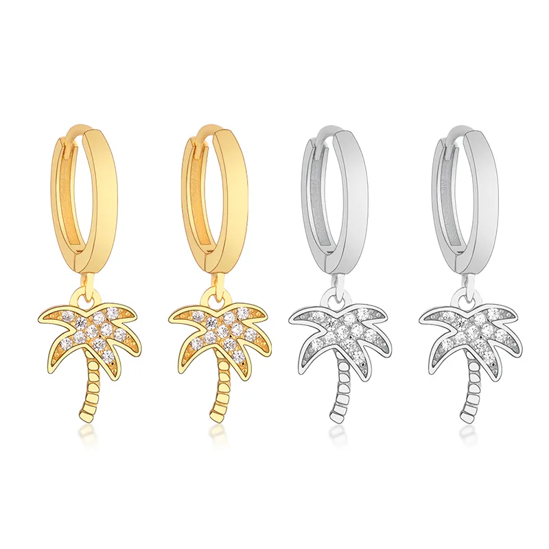 925 Sterling Silver Hoop Earring Women Jewelry Gold Plated Palm Tree Clip Circle Round Earrings Boucle Doreille Femme