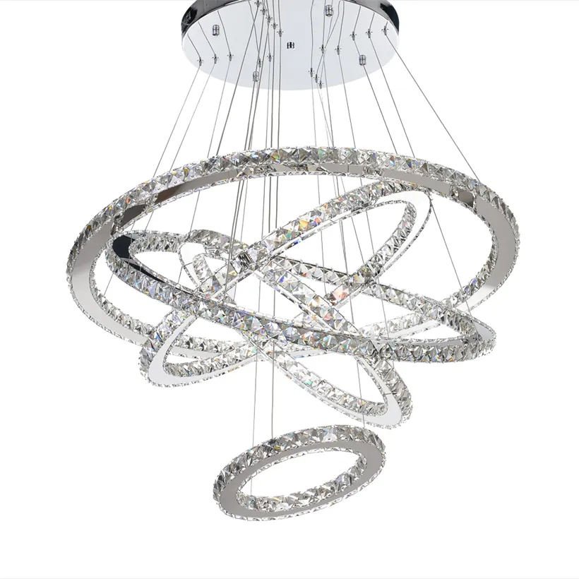 Lampadario moderno Lampadario Illuminazione a sospensione contemporanea fai-da-te LED Cristallo cromato 5 anelli Lampada a sospensione per soggiorno camera da letto