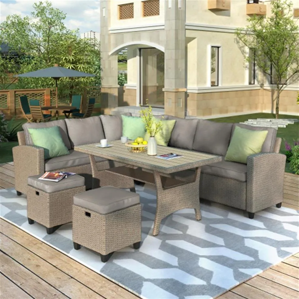 Stock u_style patio muebles conjunto de 5 piezas Configuración al aire libre Conjunto de mesa de comedor Silla con otomano y almohadas Nuevo A06218M