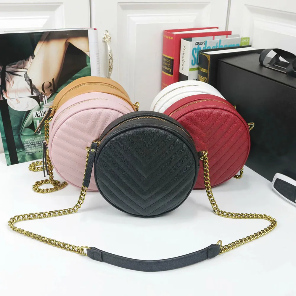 Klassieke luxe ontwerpers schoudertassen lederen handtassen meisje mode vrouwen kruis lichaam metallic crossbody tas kettingen cirkelvormige handtas