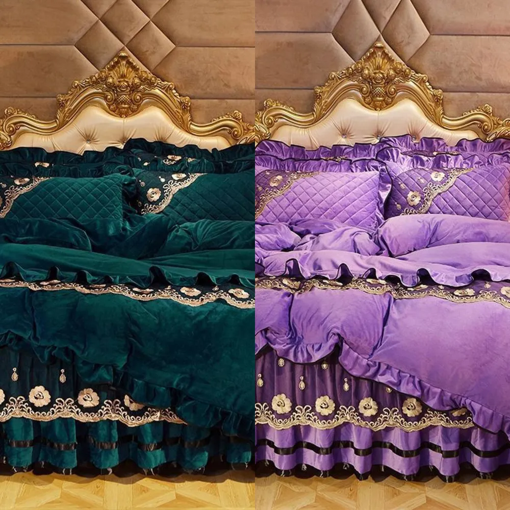 Heavyweight Velvet Duvet Cover Set Soft Warm Luxury Plush Shaggy Lace Sängkläder Set Quilted Bedskirt BedsPread Pillowcases 4 / 6PCS C0223